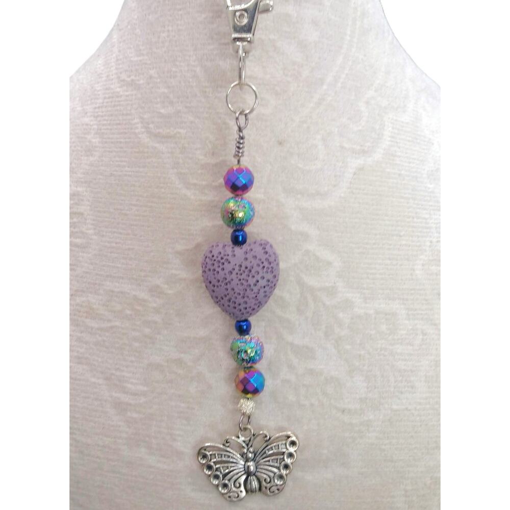 Handmade Butterfly Beaded Bag Charm Diffuser Purple Lava Heart Keychain NEW